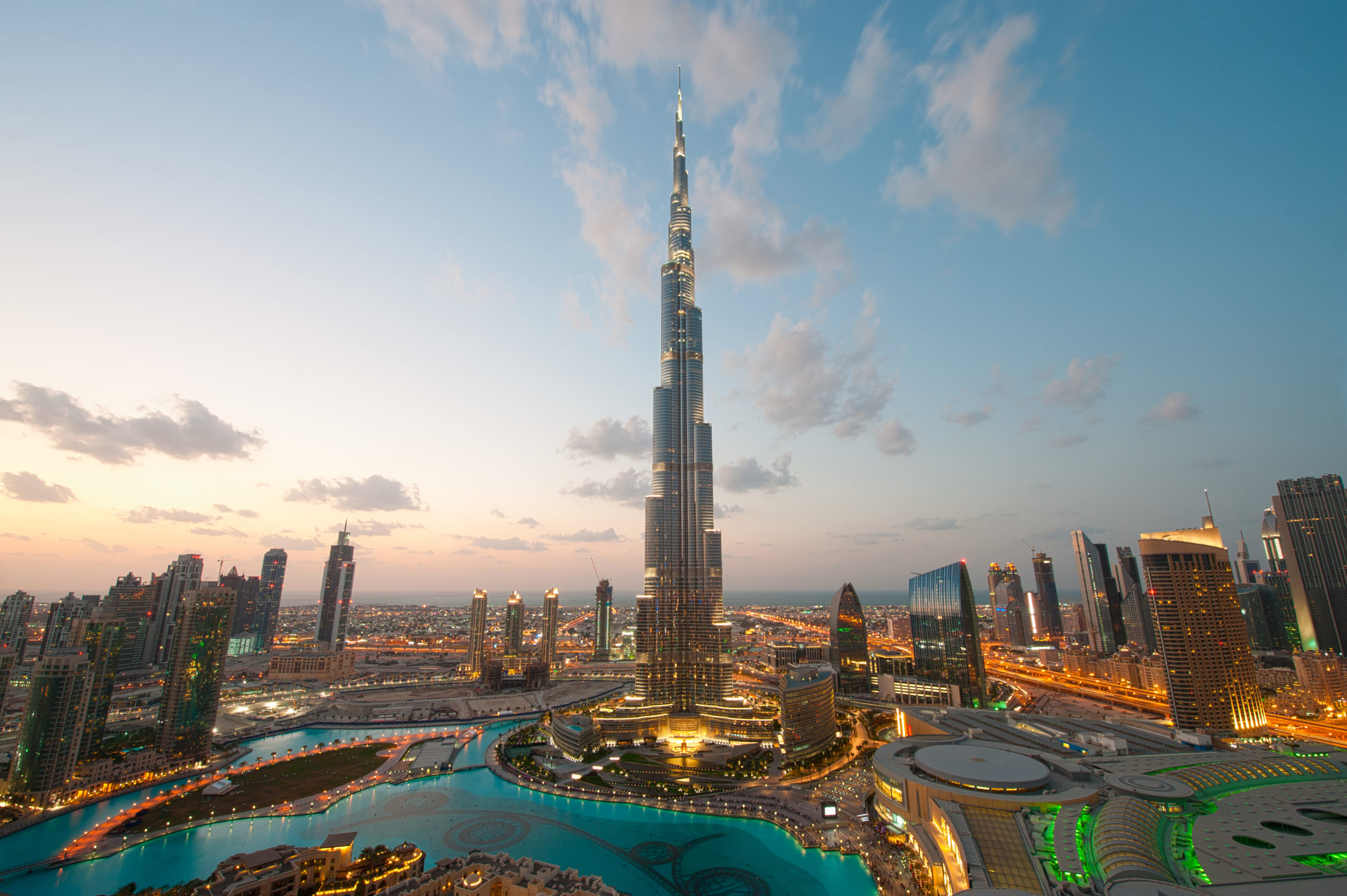 City lights in Dubai at sunset